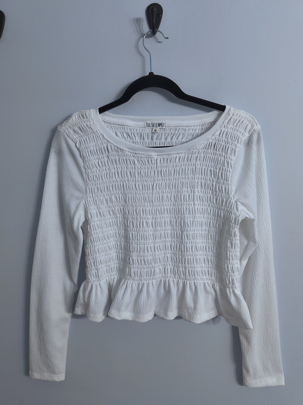 White Smocked Long Sleeve Peplum Top